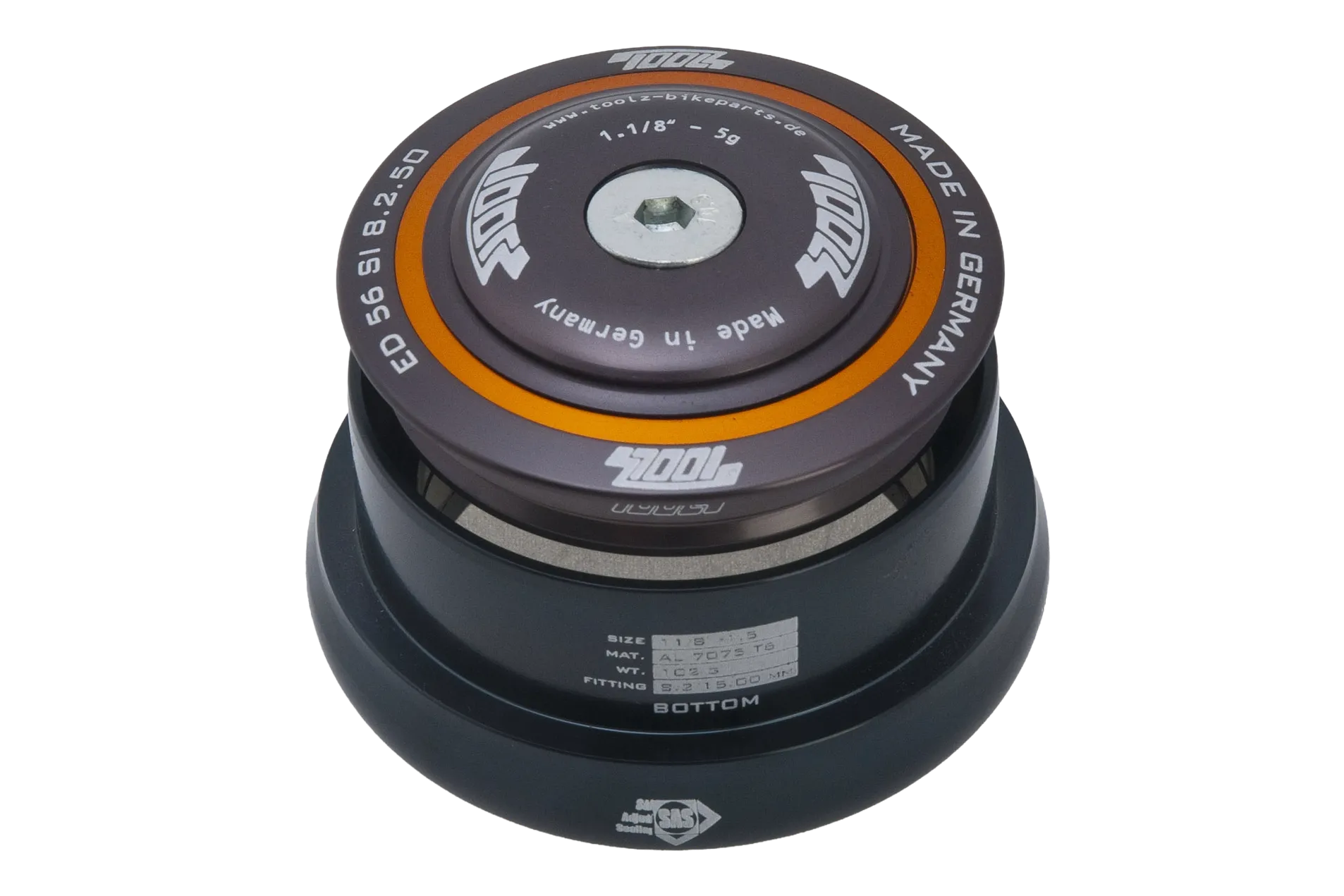 CNC-gefräster Fahrrad-Steuersatz der Marke Toolz – technische Komponente mit Laserbeschriftung und glatter Oberflächenveredelung