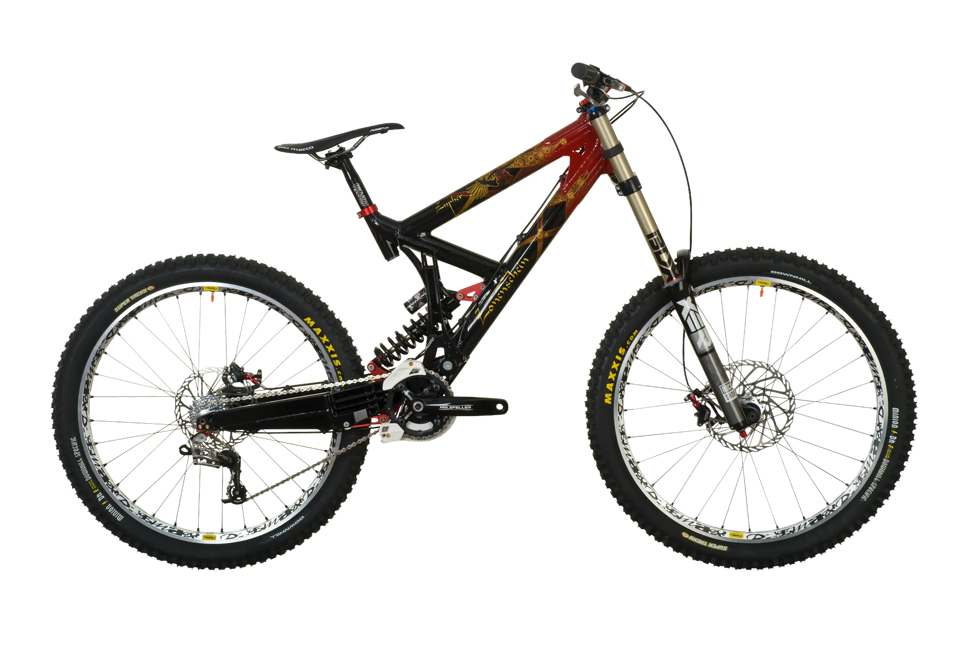 Zonenschein Zypher Evo Pro – Vollgefedertes Downhill-Mountainbike (Fully) in Rot-Schwarz mit massiver Aluminium-Rahmenkonstruktion aus eigener CNC-Fertigung